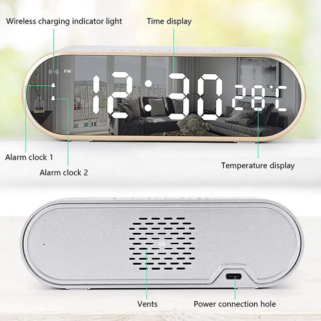 Új Digitális Ébresztőóra Vezeték Nélküli Töltés Qi Kompatibilis Aranyos Csendes Tükör Óra Student Desktop Led Elektronikus Felnőtt Számára - Image 6