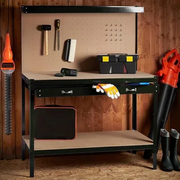 Heavy-Duty Steel Workbench 63" Multipurpose Workshop Table with Drawer, Pegboard & Shelf, Woodworking & Garage Tool Organizer 1