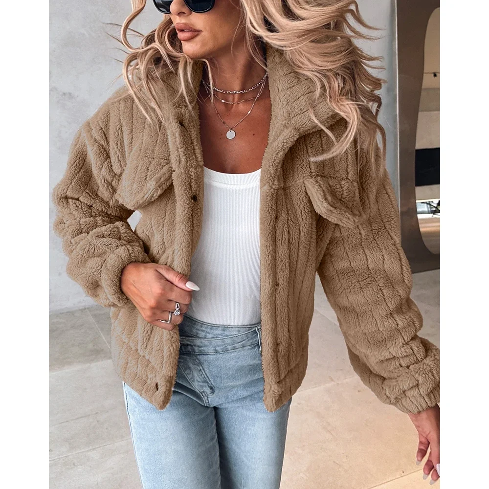 Fall Winter Women Long Sleeve Teddy Warm Coat Femme Casual Pocket Buttoned Design Turn-down Collar Jacket Lady Fashion Outfits