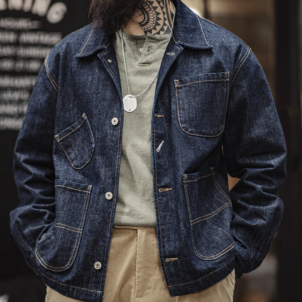 Maden Vintage 4-Pockets 14OZ Jacket for Men Stand Collar Denim Jacket Outwear Coat Version for Men's Spring Streetwear Coats 4