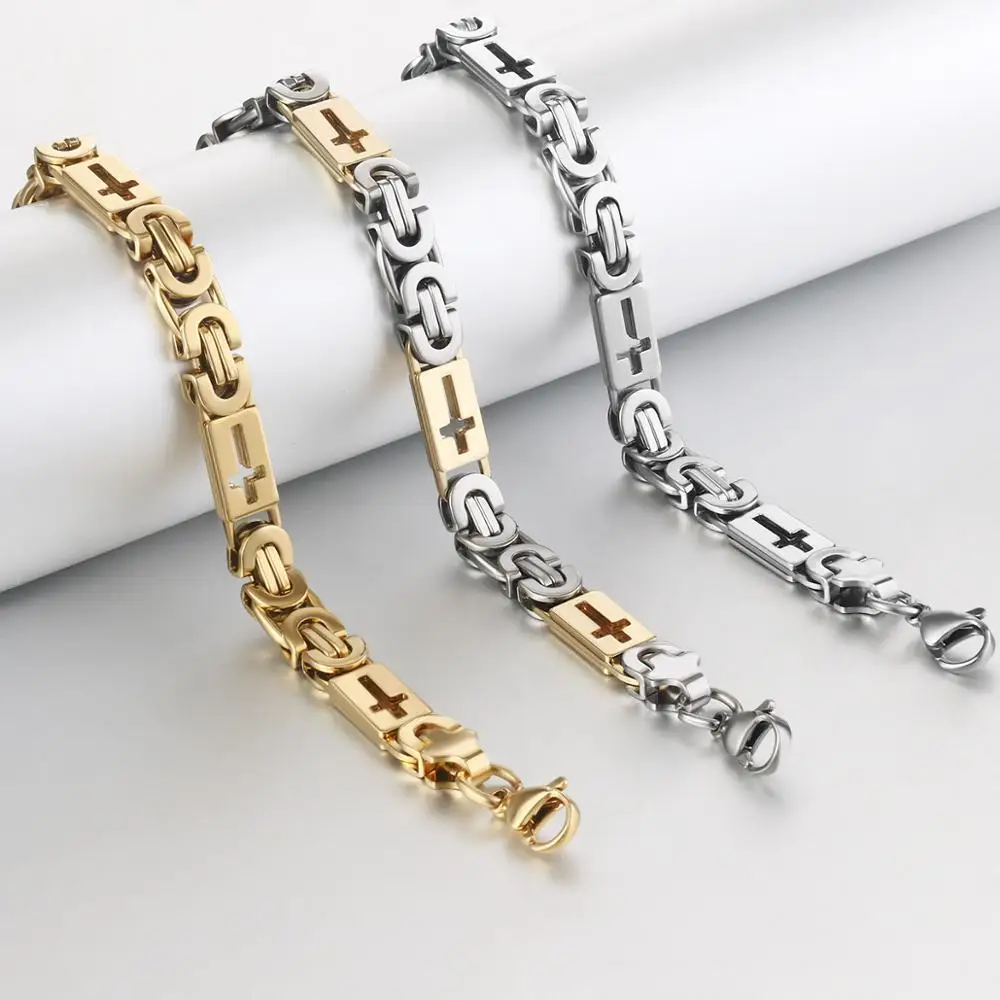 Men Stainless Steel Carved Cross Heavy Link Chain Bracelets Metal Byzantine Wristband Bracelets Religous Jewelry stainless steel bracelet charm bracelet