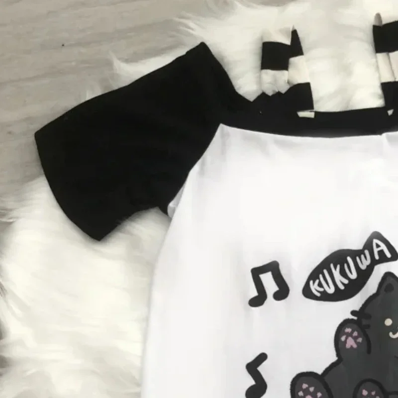 T-shirt Harajuku Donna Con Stampa Cartoon - Nero, Taglia S (fino A 40 Kg), Cotone Morbido E Sciolto Stile Kawaii