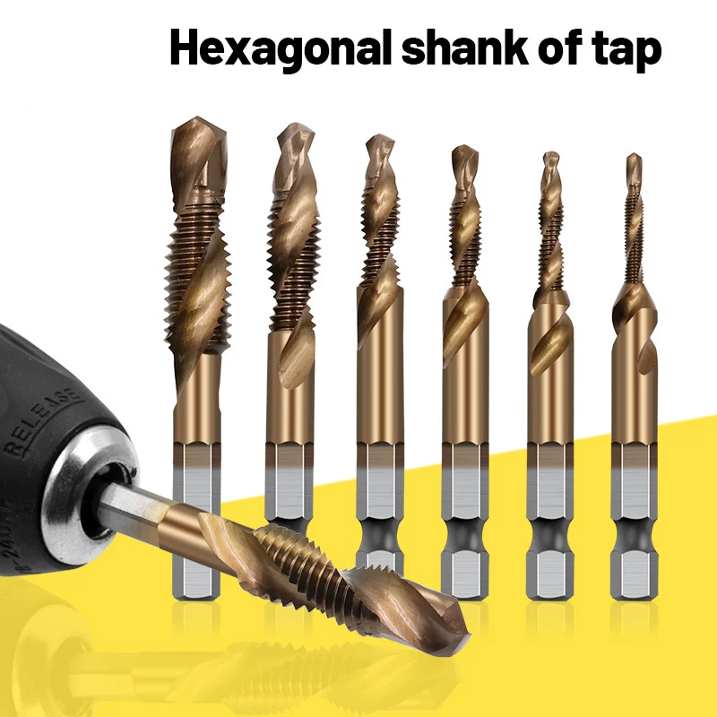 1Pcs Titanium Plated Hex Shank HSS Screw Thread Metric Tap Drill Bits M3 M4 M5 M6 M8 M10 Deburr Countersink Hex Bit Hand Tools