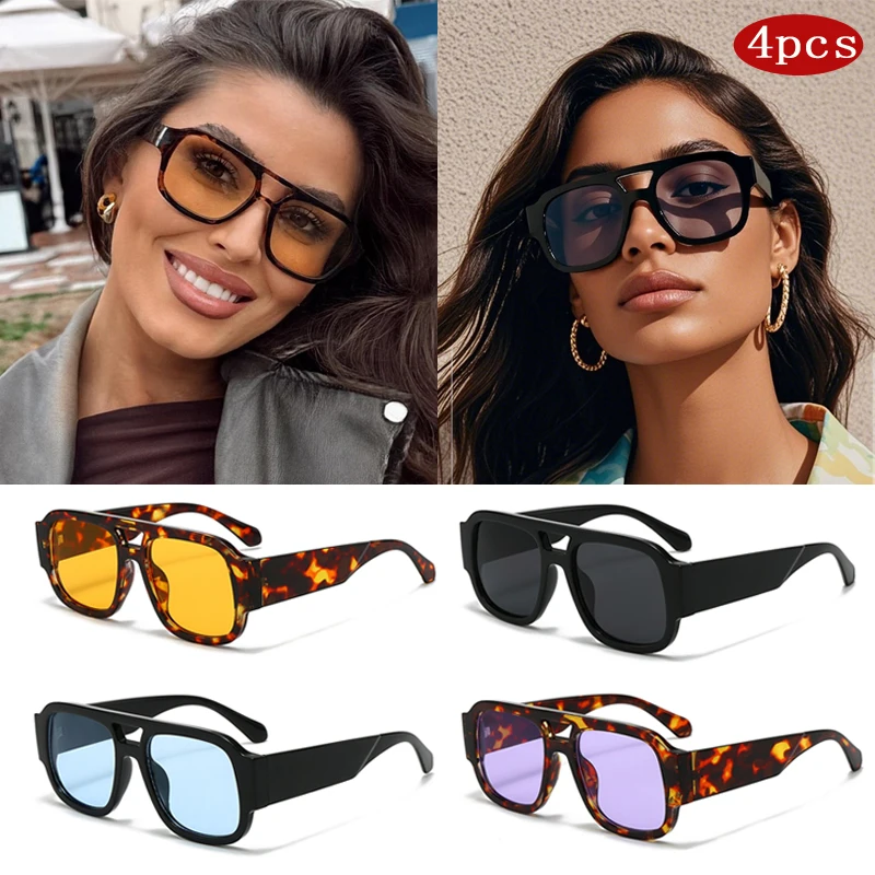 Lunettes de soleil carrées vintage pêche femme double pont large monture couleur bonbon jambes larges