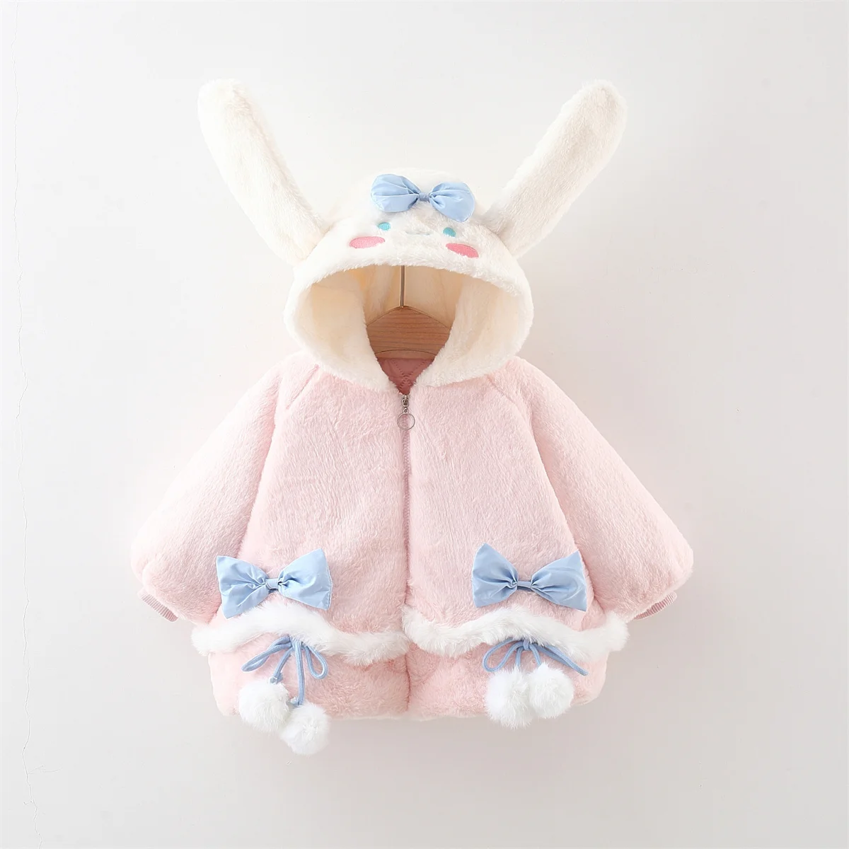 Girls Winter Two Bow Long Ear Woolen Sweater Coat Embroidered Bow