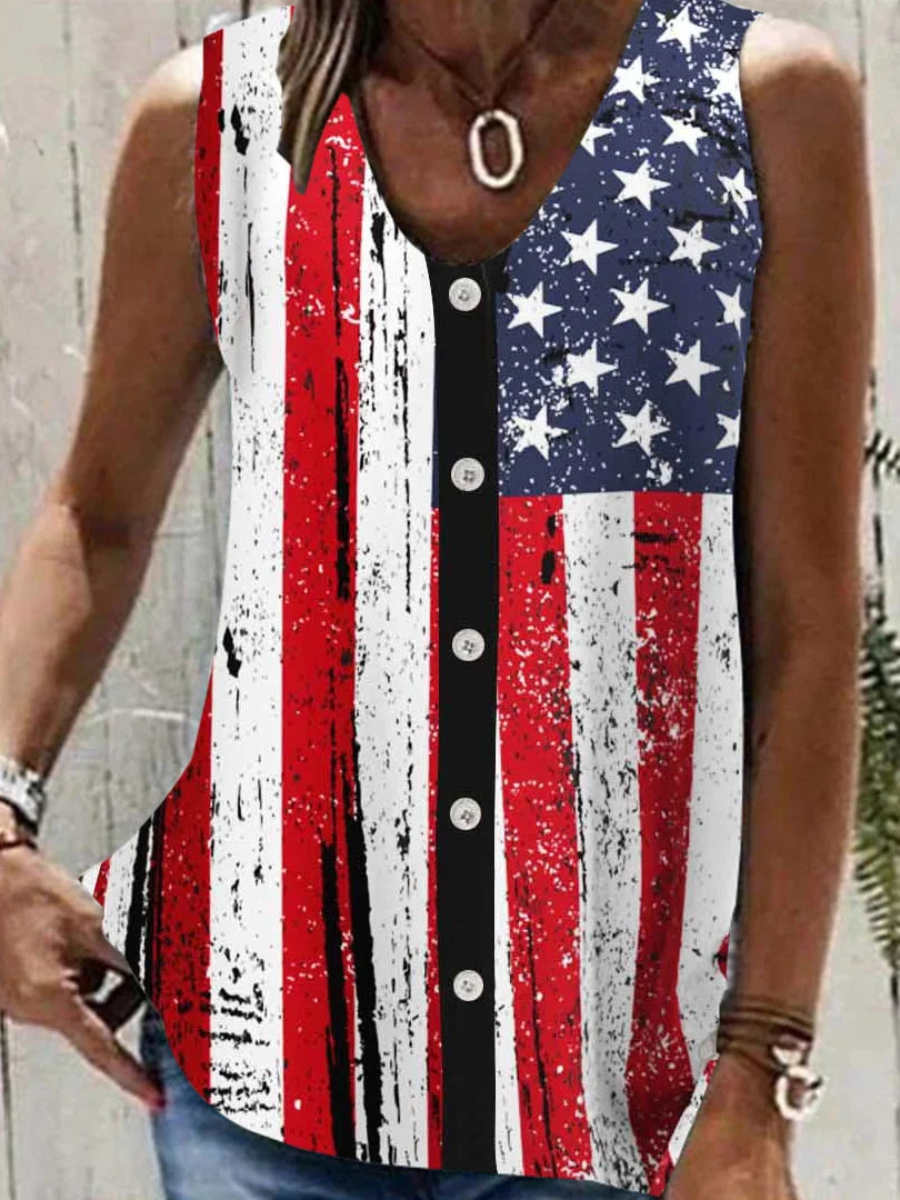 

Plus Size Women's Sleeveless V-Neck National Flag Printed Top