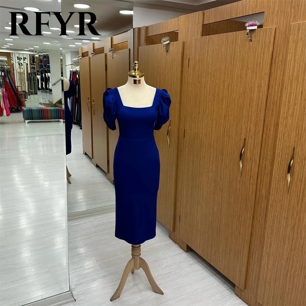 

RFYR Modest Sapphire Blue Prom Dress Square Neck Satin Evening Dresses Puff Sleeve Prom Dress Slim Fit Mermaid Vestidos De Noche