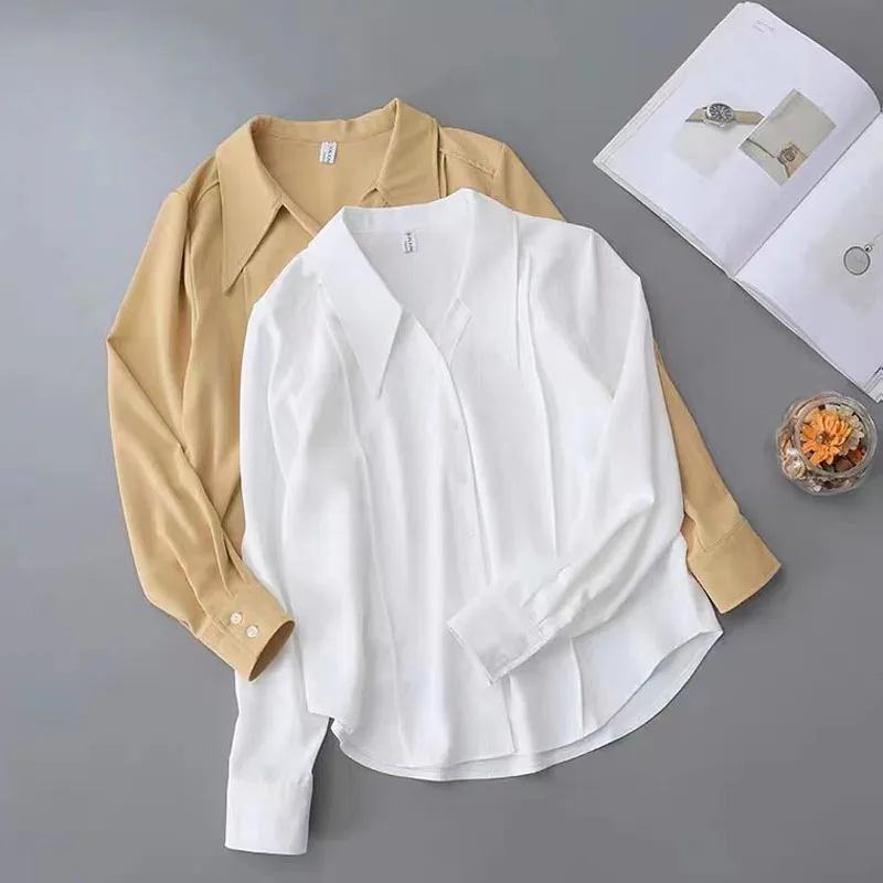 

Spring Women's 2022 New Shirt French Retro Drape Blouse Women's Pure Cotton Solid Color V-neck Long-sleeved Loose Top