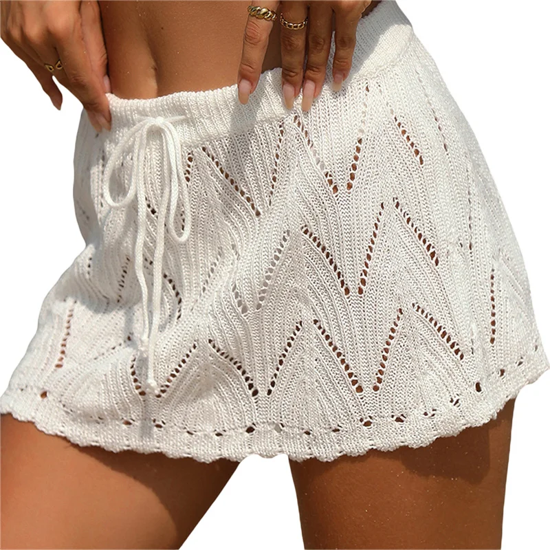 Falda de playa para mujer, de verano, de color liso, con cordón, de cintura alta, de punto, minifalda, traje de baño informal