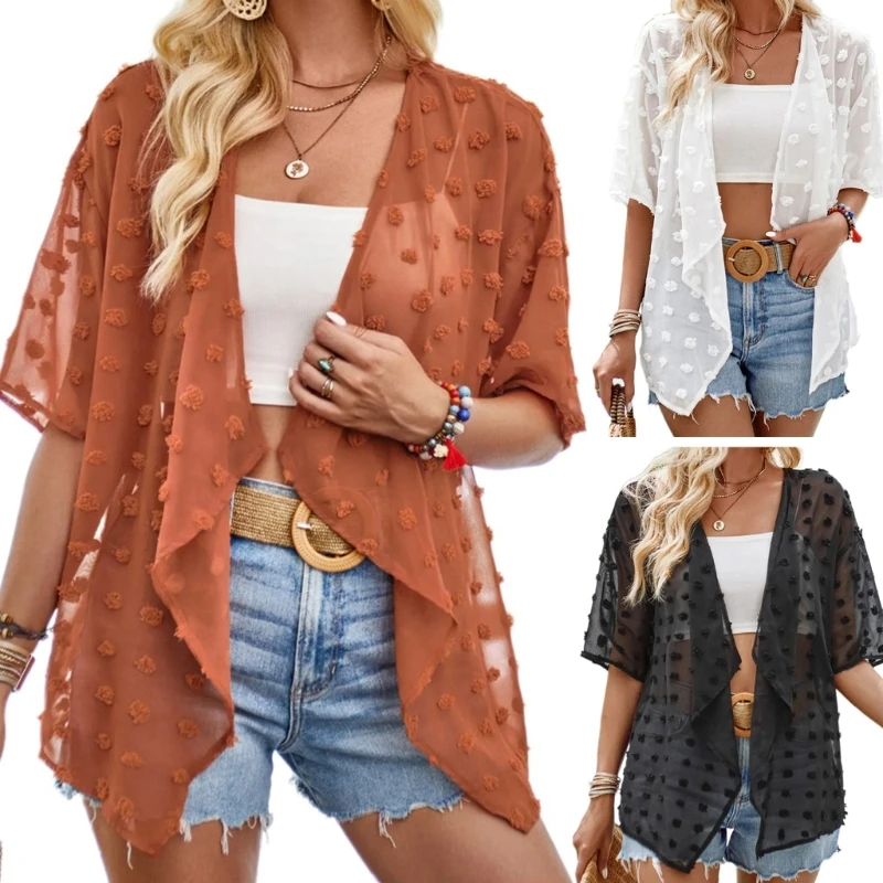 

Women Half Sleeve Loose Sheer Cardigans Hair Ball Beach Cover Up Blouses Shawl