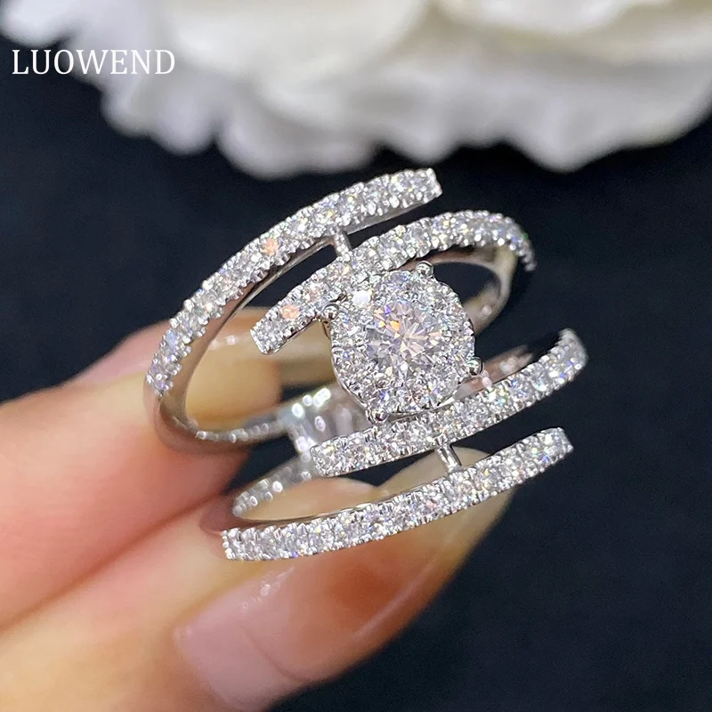 LUOWEND 18K White Gold Rings Luxury Real Natural Diamond Fashion Statement Shape Wedding Rings for Women Anniversary Gift