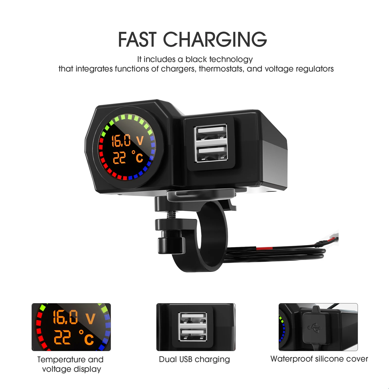 Motorcycle Charger One Drag Three Charger Voltage Temperature Digital Display Dual USB Mobile Phone 5V3a Car