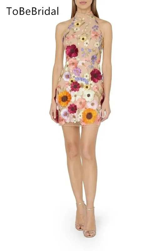 

Modern Mini Party Dress 3D Flower Lace High Neck Open Back Cocktail Dresses For Special Events luxurious Women's Evening Dress