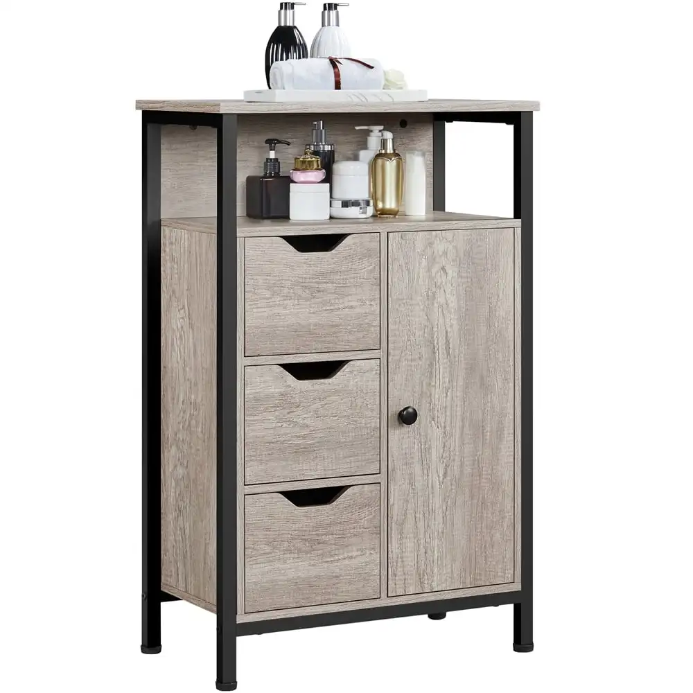 

Wooden Floor Storage Cabinet with Shelves 3 Drawers for Living Room Entryway Kitchen, Gray