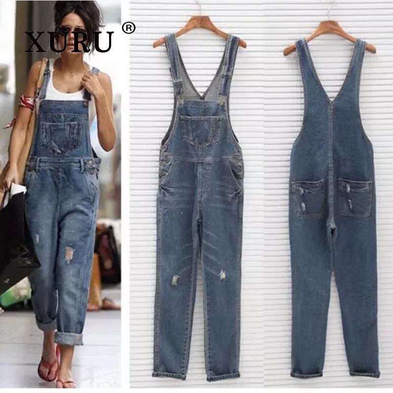 XURU-Europe and The United States New Suspenders Jeans Women's Jumpsuit, Double Shoulder Straps Broken Jeans K34-366