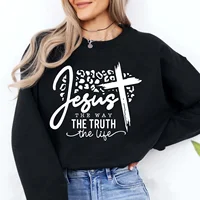 Jesus The Way The Truth The Life Letter Print Washed Sweatshirt Crew Neck Casual Sweatshirt For Winter Fall Women's Clothing 2