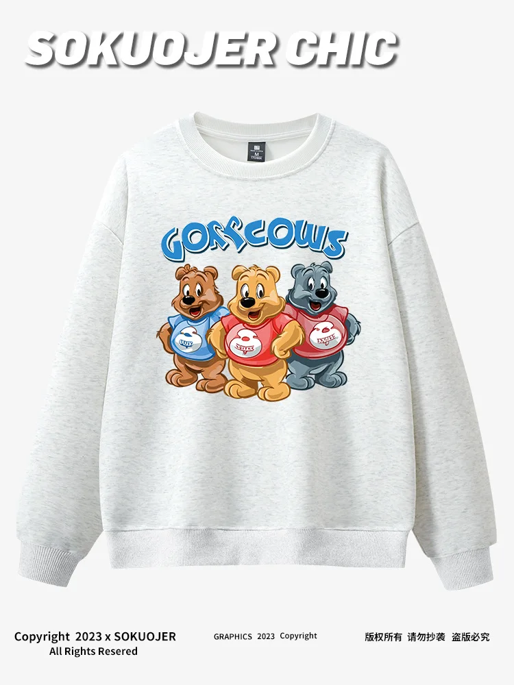 CGC Korean Fashion Cartoon Bear Print Women Sweatshirts Spring Casual O-Neck Loose Hoodies High Quality Pure Cotton Pullovers