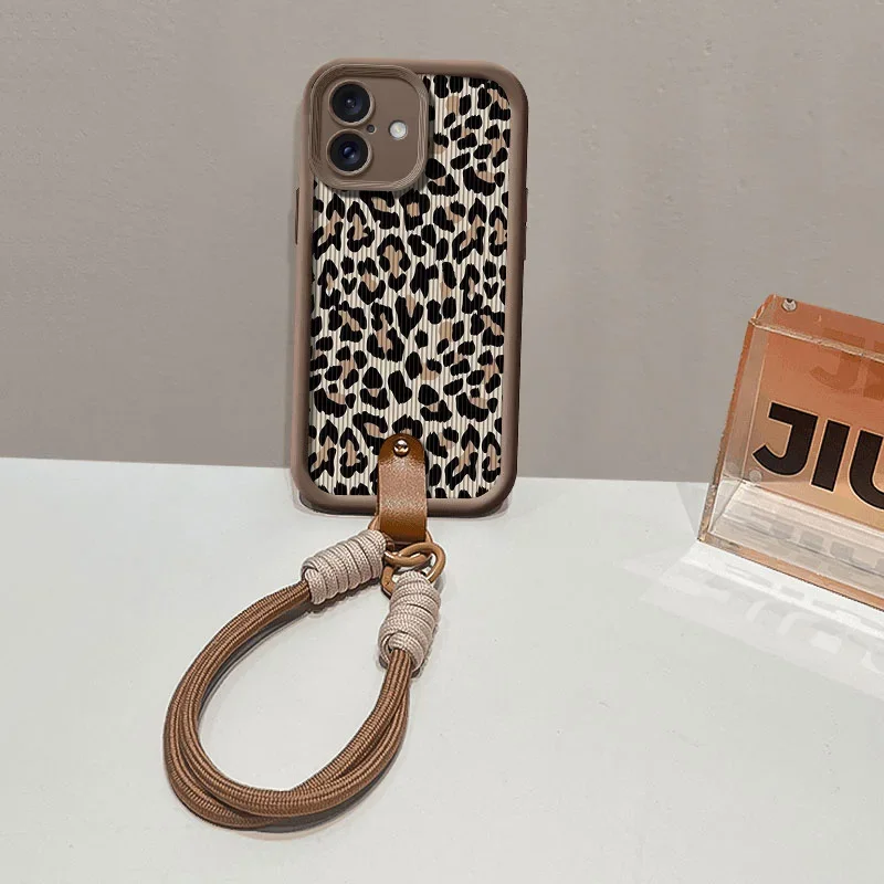 Leopard Print Shockproof Wrist Chain Case with Hang Strap Lanyard