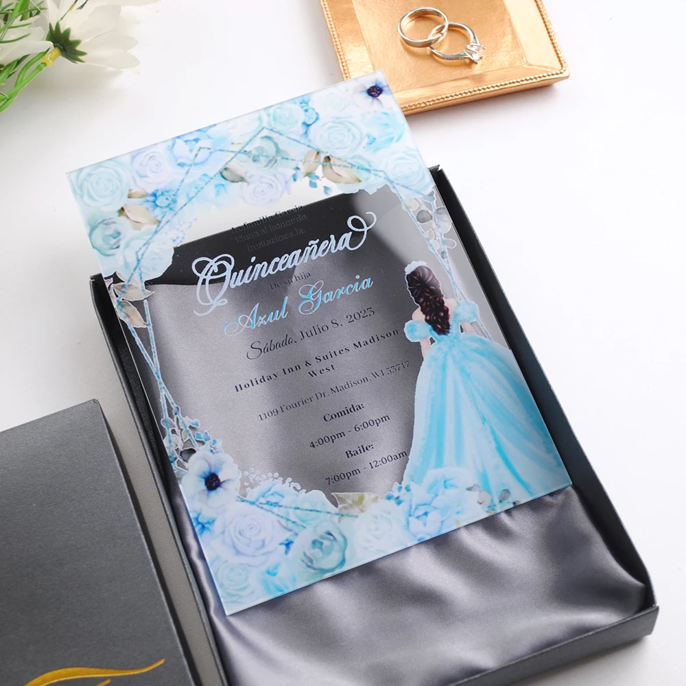 Acrylic Quinceanera Invitation,Custom 10pcs Transparent Bridal's Party Invitation,Girls Princess Sweet 16th Birthdday Invitation