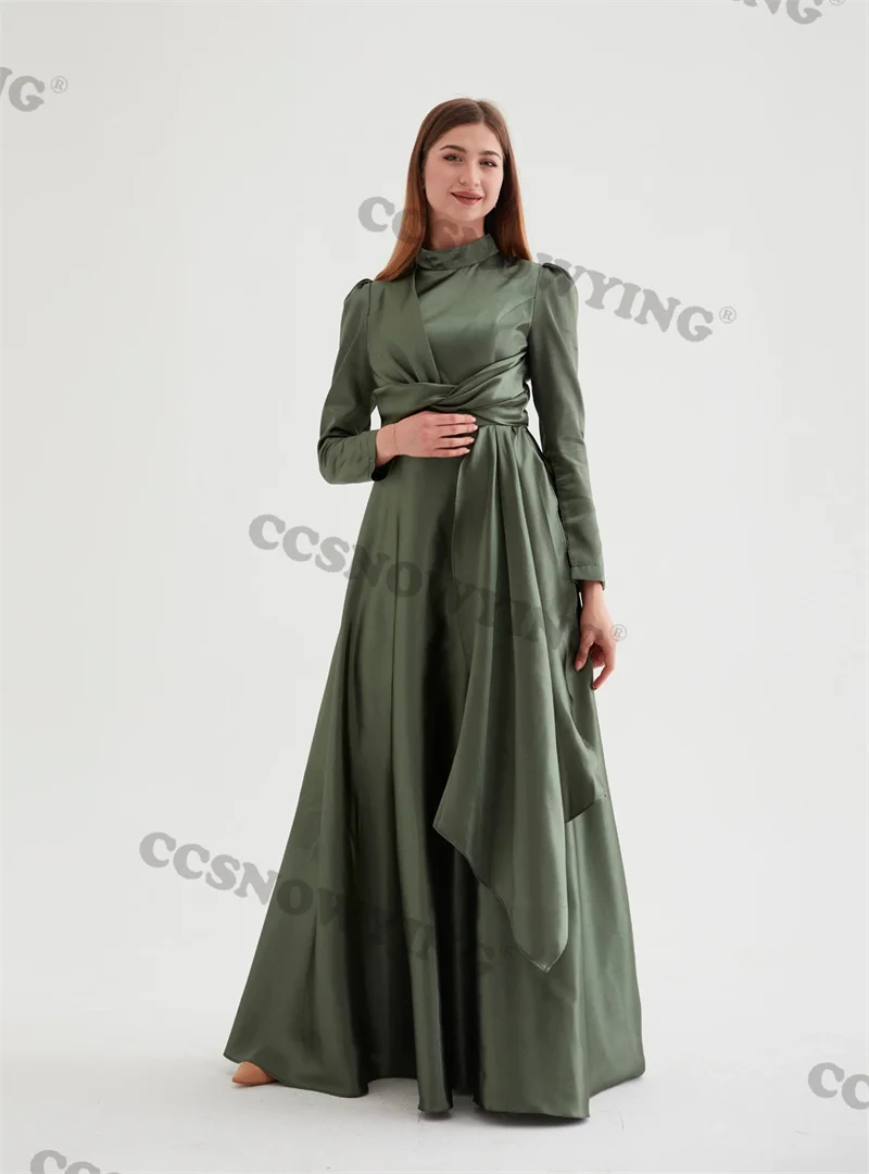

Elegant Satin High Neck Muslim Evening Dress Long Sleeve Islamic Formal Party Gowns Arabic Dubai Women A Line Robe De Soirée