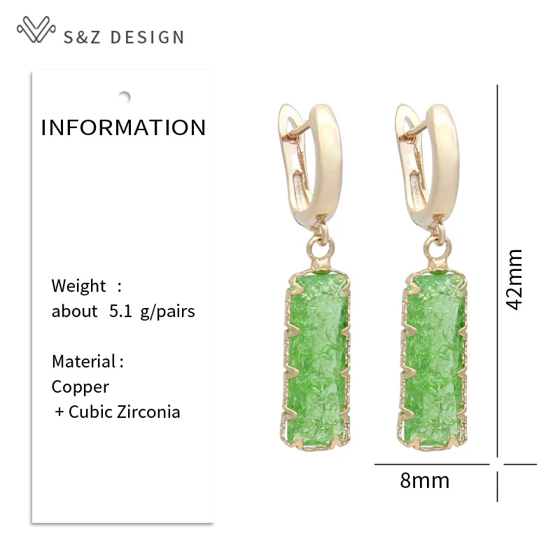 S&Z DESIGN New Fashion Rectangle Ice Crack Crystal Dangle Earrings For Women Wedding 585 Rose Gold Color Eardrop Jewelry Gift