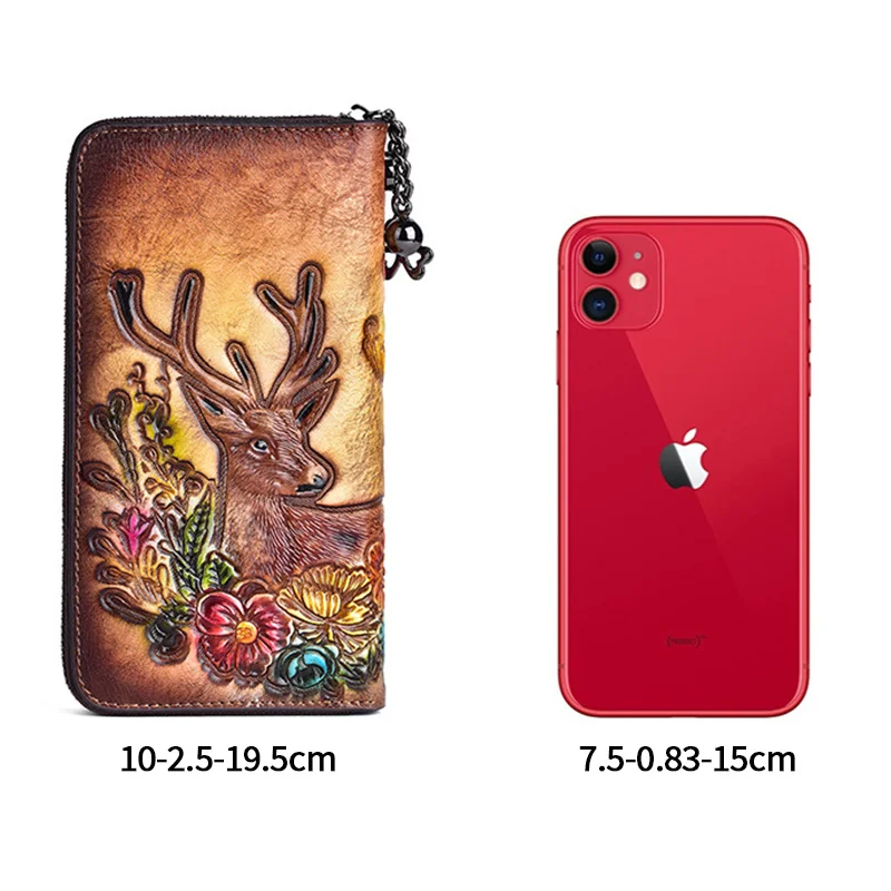 MOTAORA Vintage Women Long Wallets Deer Pattern Bag Genuine Leather Handmade Embossing Ladies Wallet Phone Bags Woman Purse