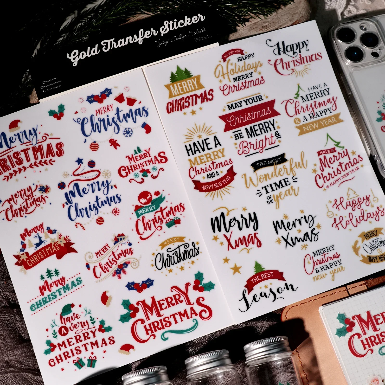 2 Sheet RUB ON Crystal Christmas Phrase Stickers Junk Journal Colorful Craft Transfer Stickers DIY Album Scrapbooking Sticker
