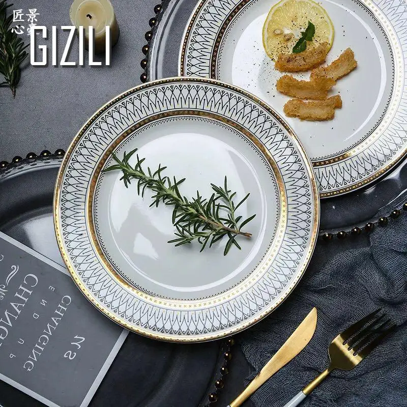 European Ceramic Plate Set Restaurant Light Luxury Dish Dessert Plate Serving Dinner Plates Salad Kitchen Dinnerware