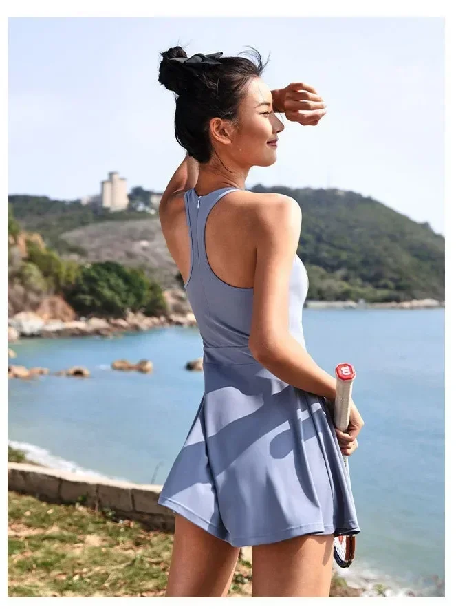 Zipper Beauty Back Yoga Suit Romper Gym Sports Fitness Bodysuit Tight Fitting Dress Golf Tennis Skirts Women One-piece Playsuit