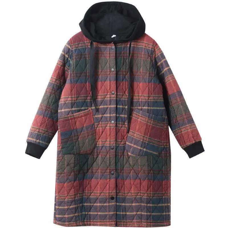Winter Women Vintage Parkas Plaid Button Cotton Coats Hooded Pockets  New Warm Female Clothes Korean Style Parkas Coats 2XL
