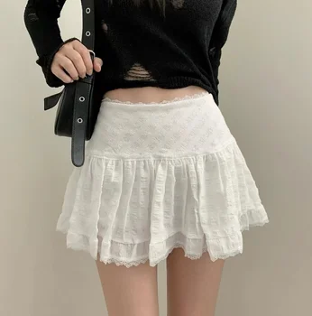 Y2K Low Rise Mini Skirt Tiered Ruffled Lace Trim White Short Skirt Summer Women Teen-Girl Feminine Barbiecore Outfit 1