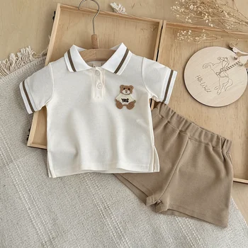 Summer cotton Baby Clothing Cartoon bear embroidery Short SleeveTops Shorts preppy Style Summer Set for Baby suitable for 0-3Y 1