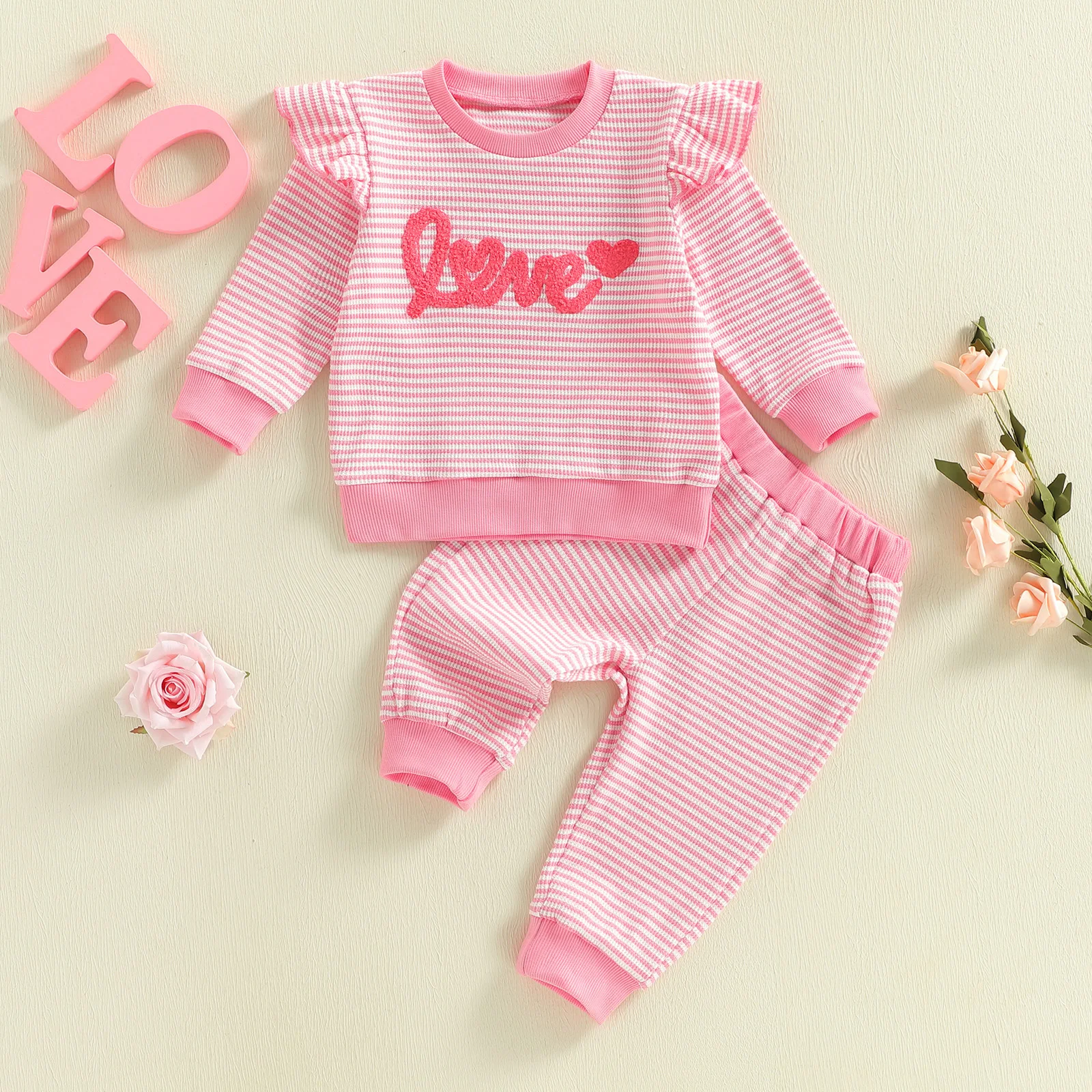 Valentine s Day Toddler 2 Piece Set with Heart Print Long Sleeve Top and Elastic Waist Pants - Adorable Outfit for Your Little