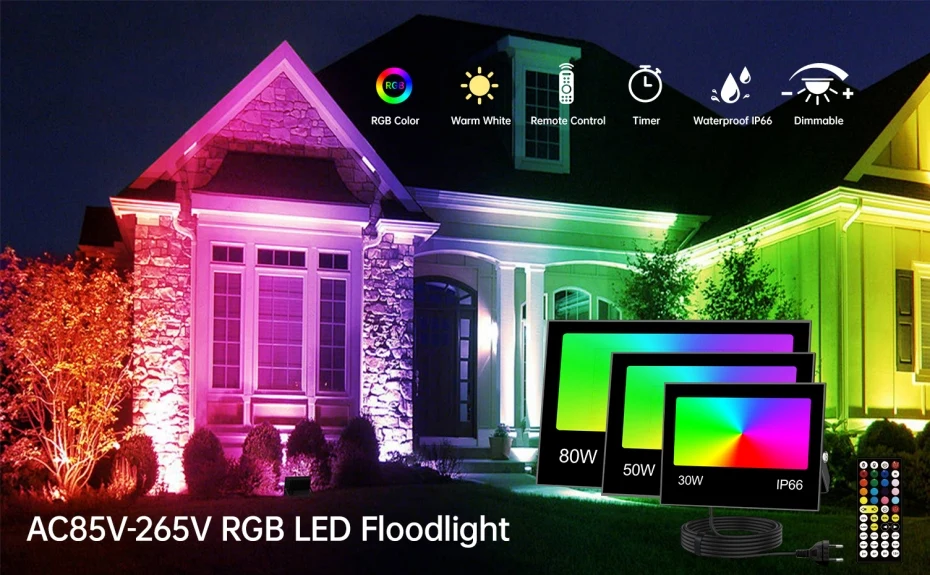 Led RGB Flood Light 30W 50W 80W IP66 EU/US/AU/UK Outdoor Floodlight Sd9e52479dc434ef7b14f2d64c4ccd310f