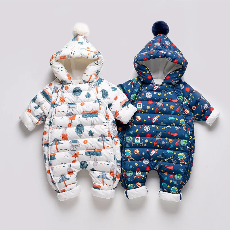 Winter baby down jacket jumpsuit newborn boys thickening outdoor hug kid clothes girls plush printed rompers hooded footies Baby Jumpsuit