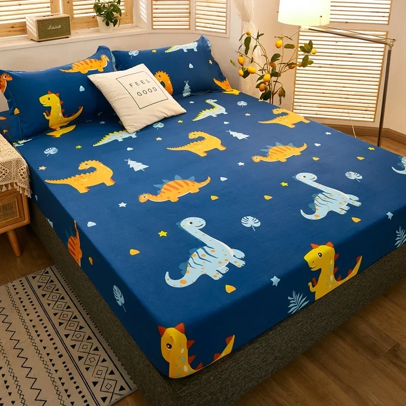 JBTP New 1Pc Waterproof Fitted Sheet with Elastic Cartoon Style Cute Dinosaur Print Bed Sheet for Kid Queen King Size Couvre Lit 3