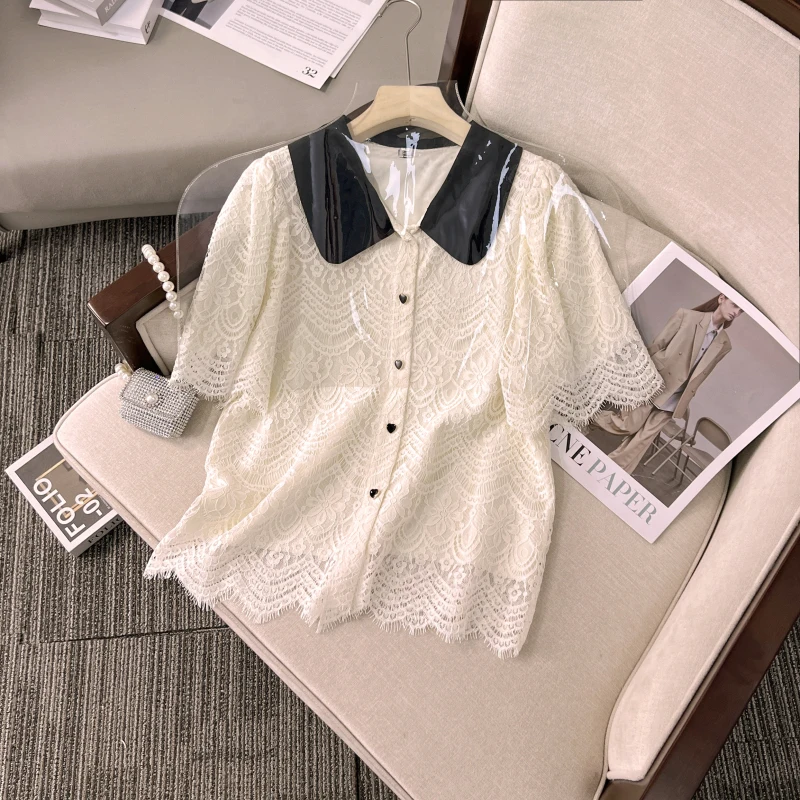 

2023 Short Sleeve Shirts Women Hot Sale Summer Peter Pan Collar Chic Casual Fashion Slim Sweet Office Lady Tops