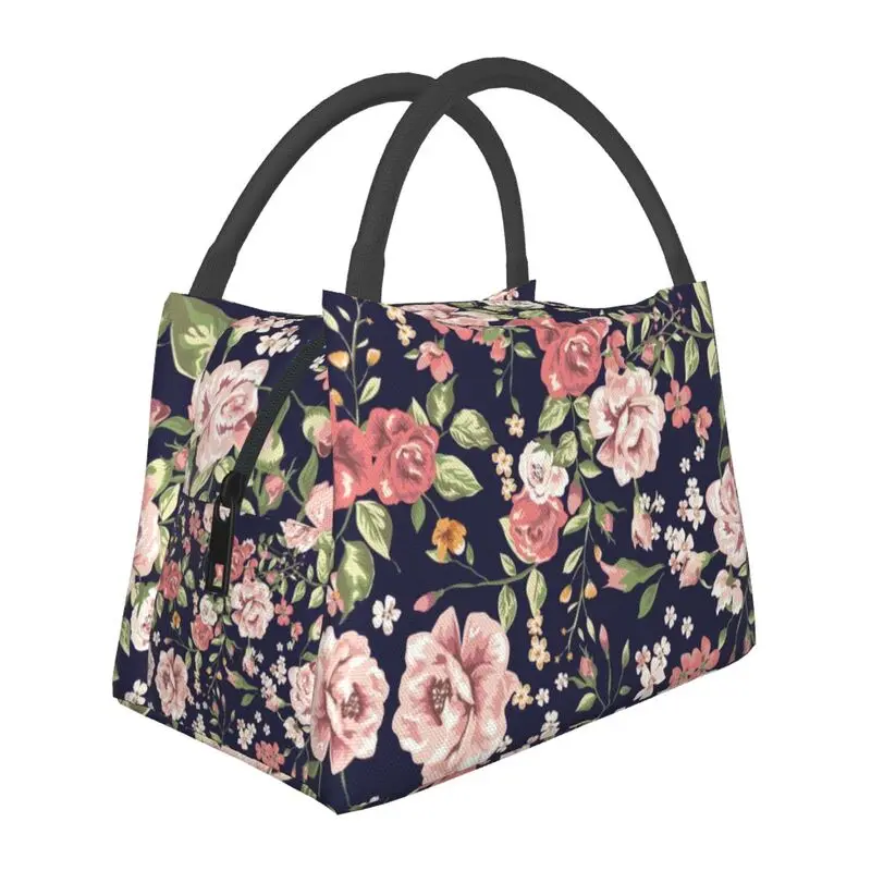 

Floral Pattern Insulated Lunch Tote Bag for Women Allover Rose Flowers Portable Cooler Thermal Bento Box Hospital Office