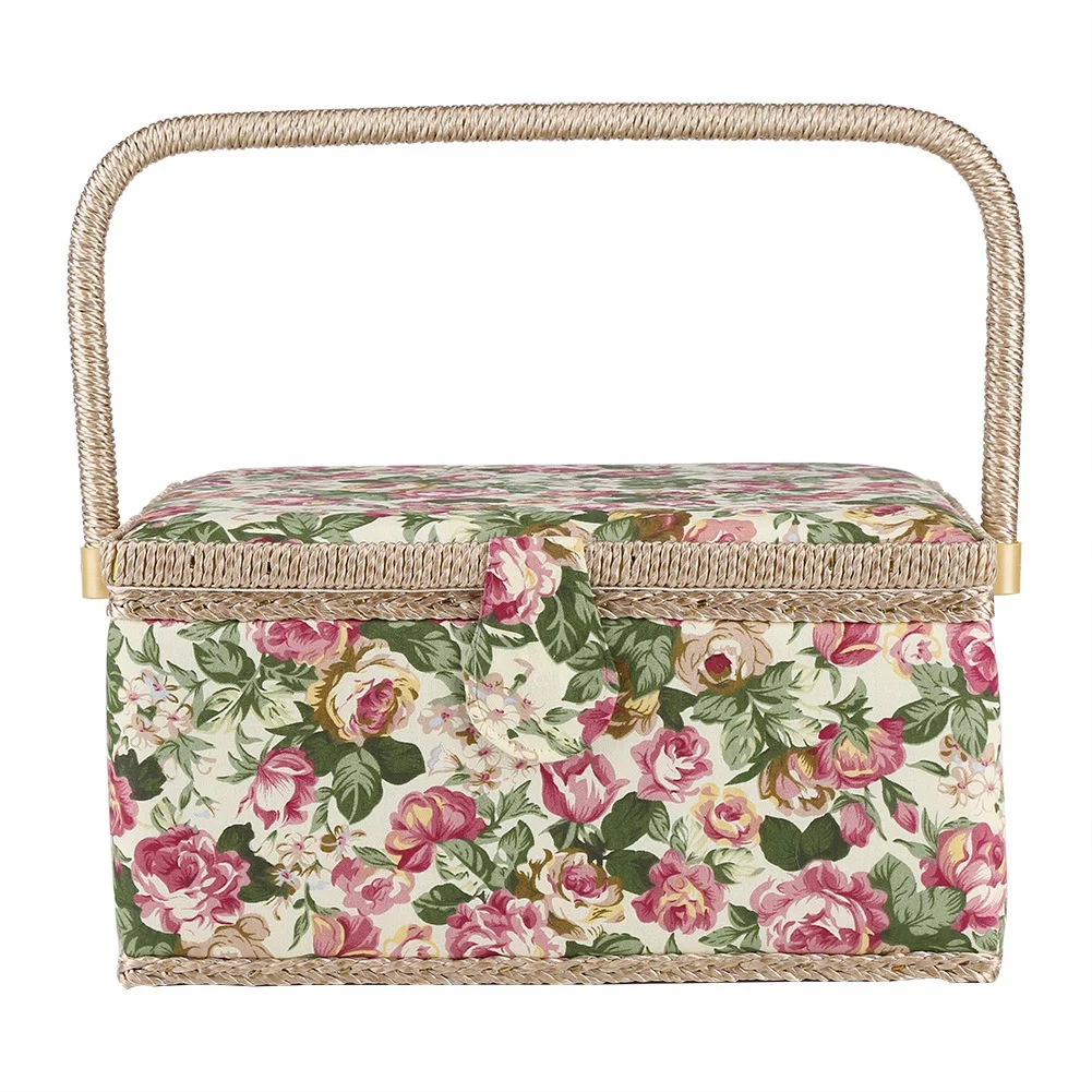 Fabric Floral Printed Sewing Basket Craft Box Household Sundry Storage Organizer with Handle 12x9.1x6.1inch