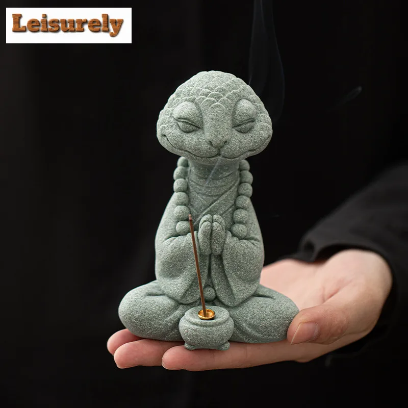 Green Sandstone Chinese Spirit Snake Tea Pet Boutique Fish Tank Landscaping Tea Figurine Play Toys Tea Statue Ornaments Craft 