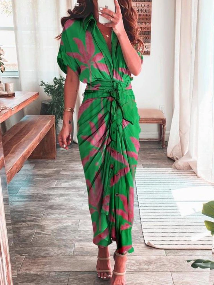 

Women Printed Shirt Dress Summer Elegant Short Sleeve Button Waist Bandage Tie-up Dresses Female Vintage Ruched Long Dress Robe