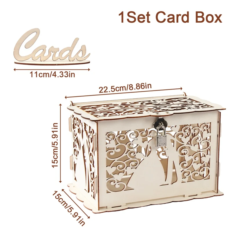 Wedding Gift Card Box Check-in Box Wooden Money Box with Lock DIY Beautiful Wedding Decoration Wedding Party Supplies