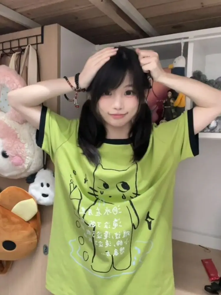 HOUZHOU Y2k Aesthetics Green Cat Juminocore Women T-Shirts Harajuku Cutecore Short Sleeve Japanese Style Tees Oversized Casual 5