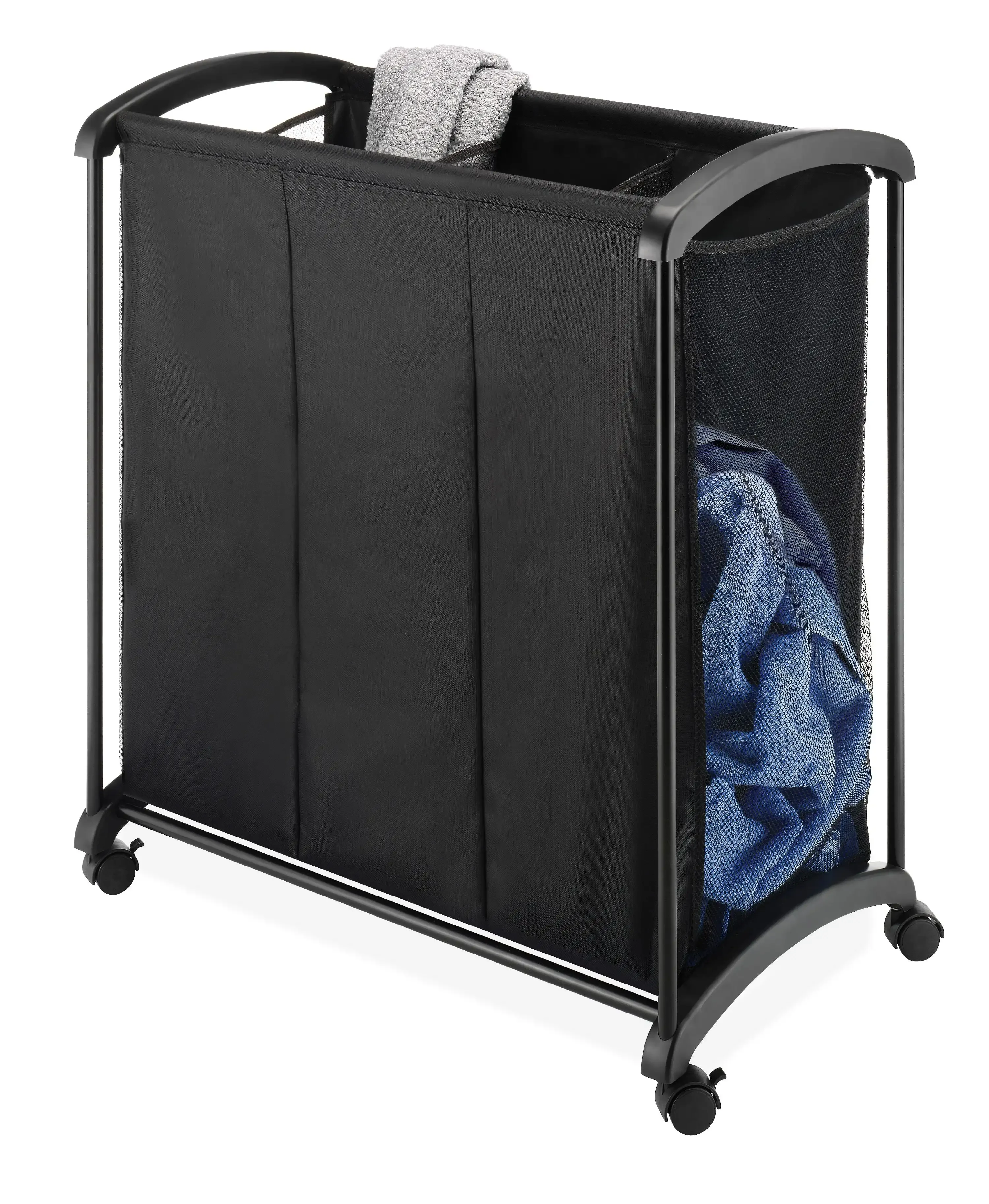 NEW 3 Section Laundry Sorter with Wheels, Black Fabric, For adult use