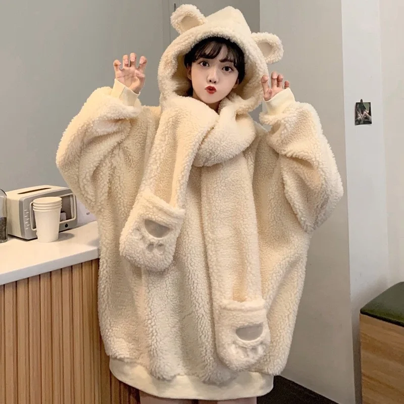 Faux Lamb Wool Bear Gloves Hooded Scarf Detachable Sweater Long-sleeved 2024 Autumn and Winter New Fashion Women's Clothing