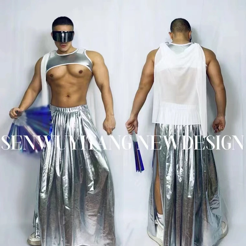 

Sexy Silver Laser Vest Long Skirt Top+Skirt Hem Men Pole Dance Clothing Stage Performance Costume Rave Outfit Festival Clothes