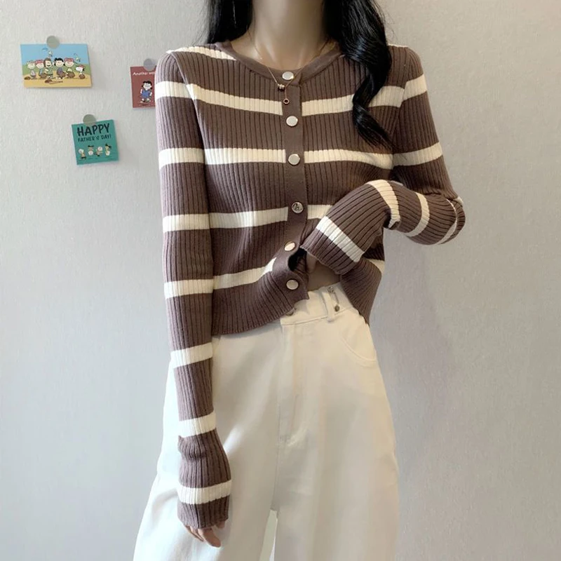 

Striped Cardigan For Women 2023 New Autumn Single Breasted Sweater Korean Long Sleeve Knit Cardigan Vintage Top Coat Tricot Y2K