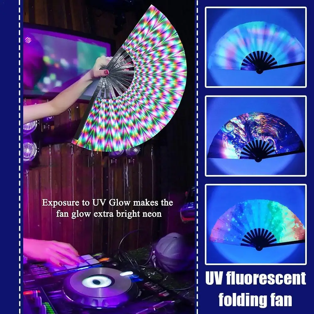 UV Glow Rave Fan Gradient Colorful Reflective Foldable Fan Bamboo Folding Clack Hand For Men Women Dance Party gymnastics dance accessories