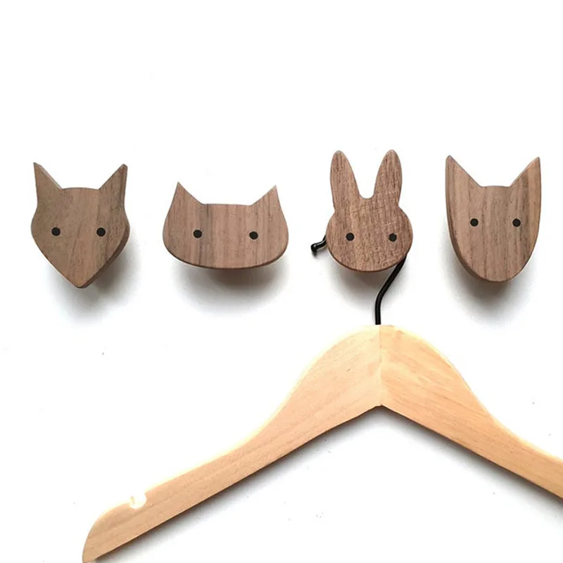 1pc Oak Walnut Wood Solid Hooks Cute Animal Fox/cat/rabbit/dog Children  Room Decoration Wall Hook Key Holder Wall Nordic Modern