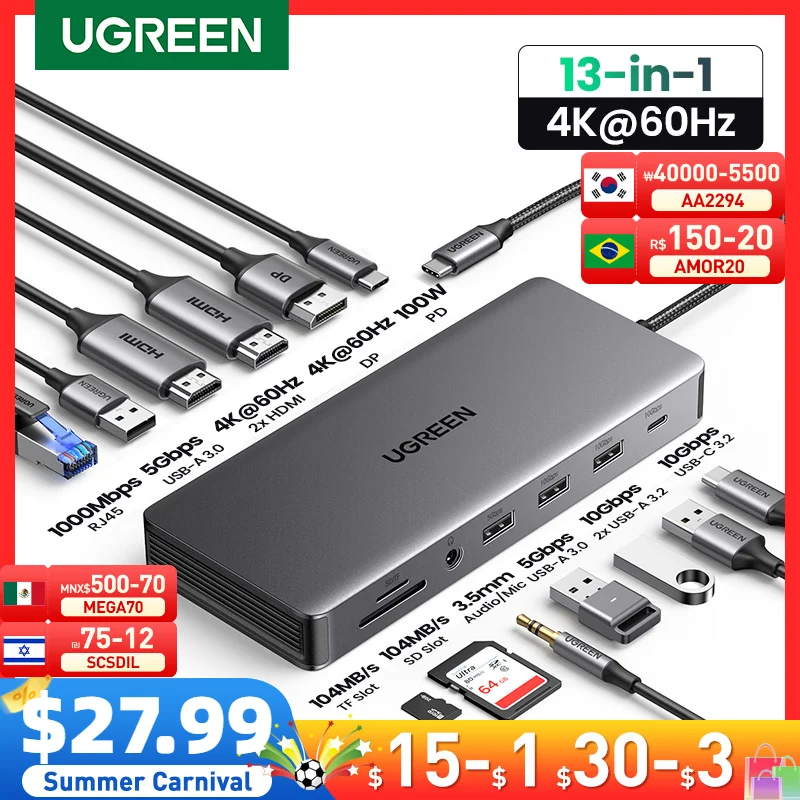Estação de Ancoragem Ugreen-usb c Tela Tripla 4k Hdmi Duplo 10gbps 100w pd sd tf Macbook Pro Air Dell Xps 13 em 1